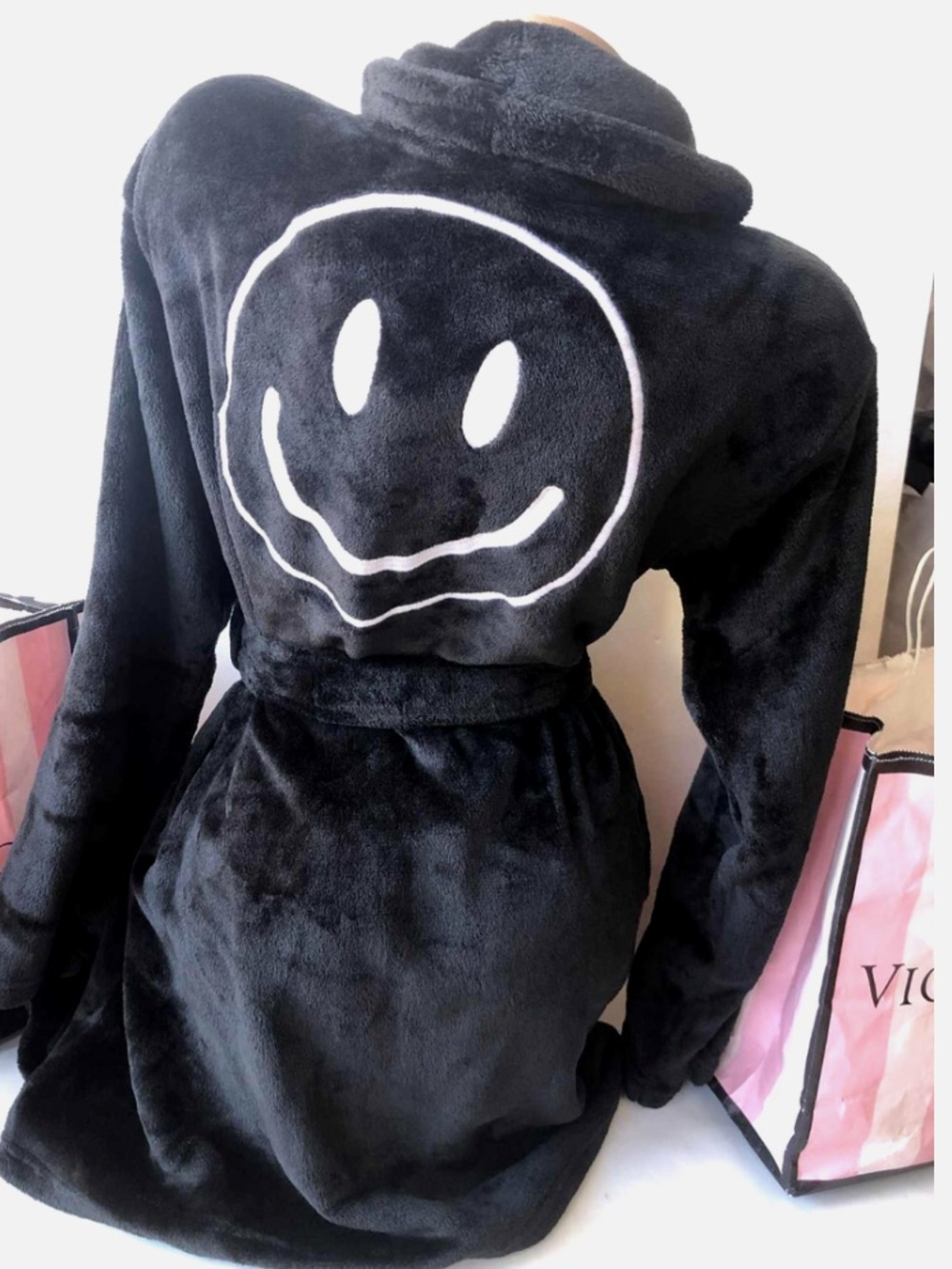 PINK Victoria's Secret Black Plush Robe with White Smiley